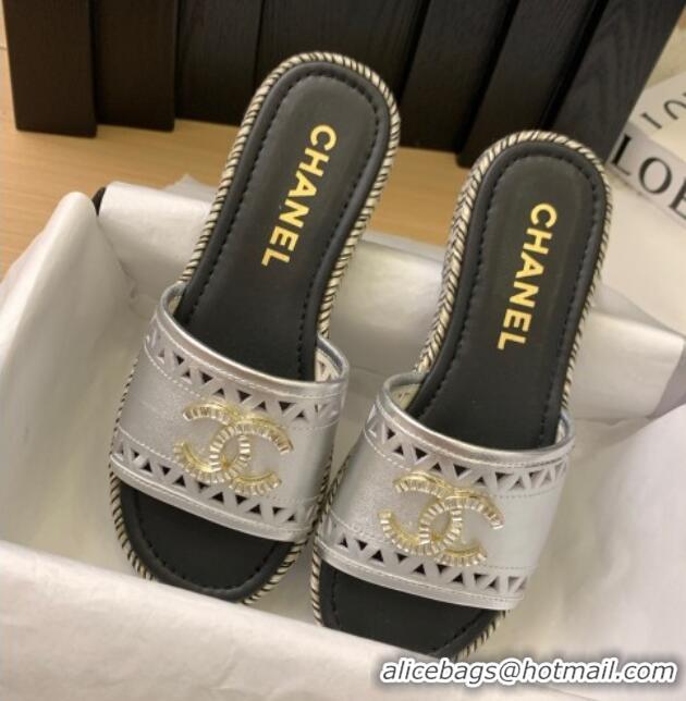 Luxury Cheap Chanel Cutout Calfskin Flat Slides Sandal Silver 2025 CH041611