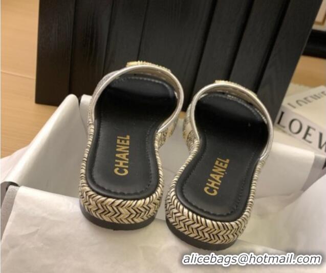 Luxury Cheap Chanel Cutout Calfskin Flat Slides Sandal Silver 2025 CH041611