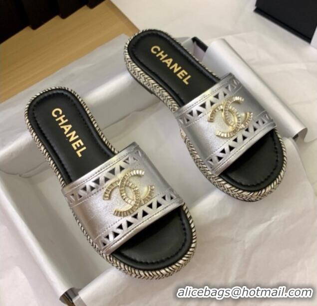 Luxury Cheap Chanel Cutout Calfskin Flat Slides Sandal Silver 2025 CH041611