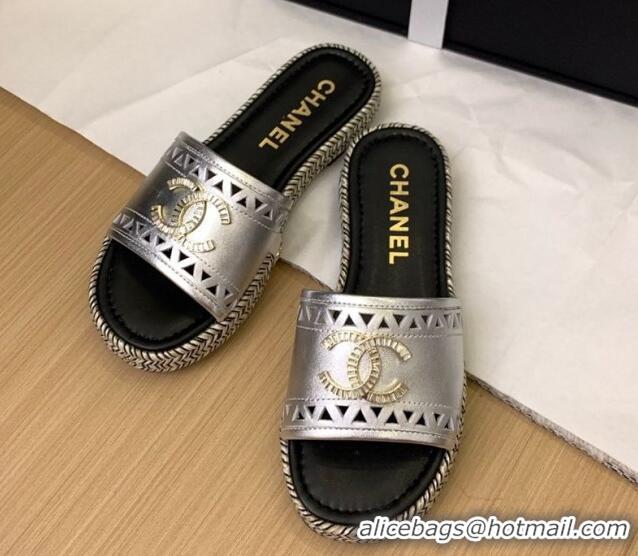 Luxury Cheap Chanel Cutout Calfskin Flat Slides Sandal Silver 2025 CH041611