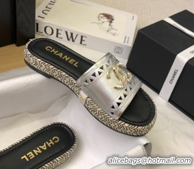 Luxury Cheap Chanel Cutout Calfskin Flat Slides Sandal Silver 2025 CH041611