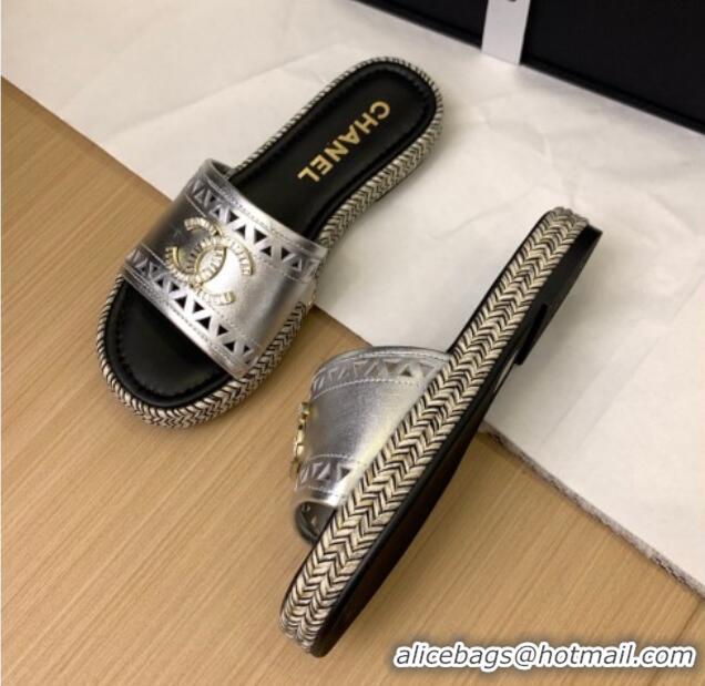 Luxury Cheap Chanel Cutout Calfskin Flat Slides Sandal Silver 2025 CH041611