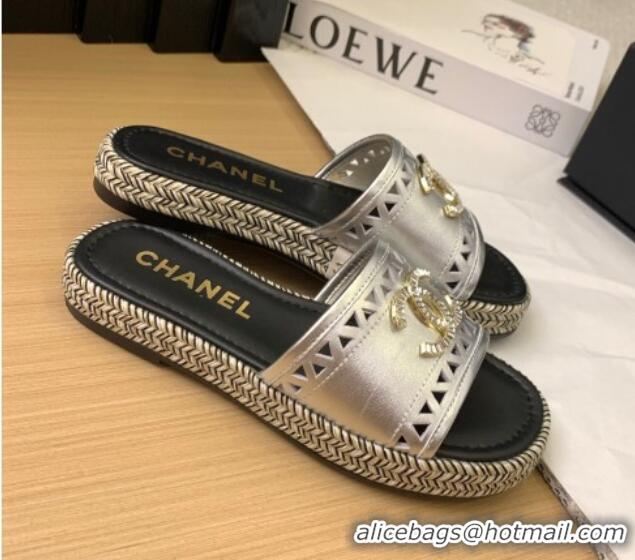 Luxury Cheap Chanel Cutout Calfskin Flat Slides Sandal Silver 2025 CH041611