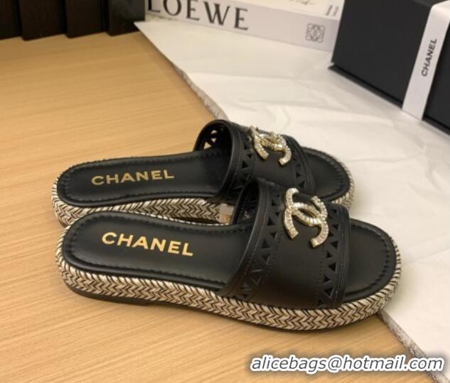 Top Grade Chanel Cutout Calfskin Flat Slides Sandal Black 2025 CH041611