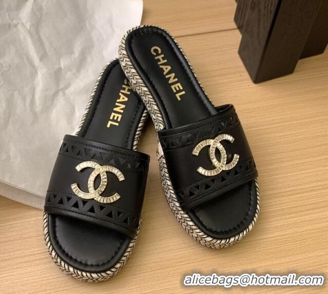Top Grade Chanel Cutout Calfskin Flat Slides Sandal Black 2025 CH041611