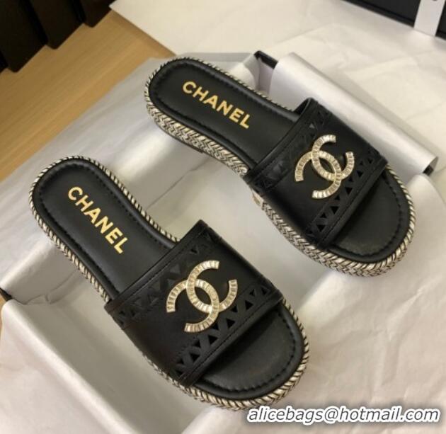 Top Grade Chanel Cutout Calfskin Flat Slides Sandal Black 2025 CH041611