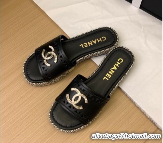 Top Grade Chanel Cutout Calfskin Flat Slides Sandal Black 2025 CH041611