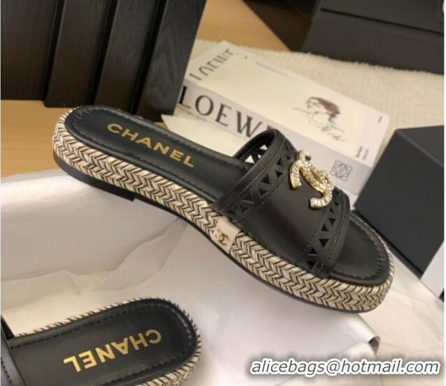 Top Grade Chanel Cutout Calfskin Flat Slides Sandal Black 2025 CH041611