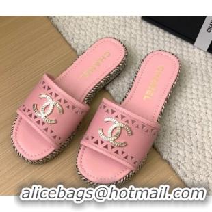 Grade Quality Chanel Cutout Calfskin Flat Slides Sandal Pink 2025 CH041611