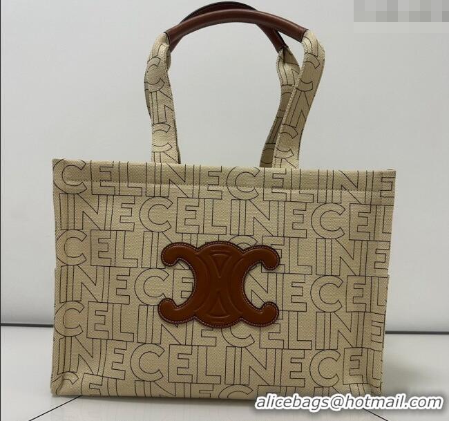 Trendy Design Celine Large Cabas Thais Tote Bag in Triomphe Print Textile 196762 Beige 2024