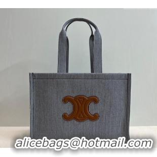 Most Popular Celine Large Cabas Thais Tote Bag in Striped Textile 196762 Navy Blue 2024