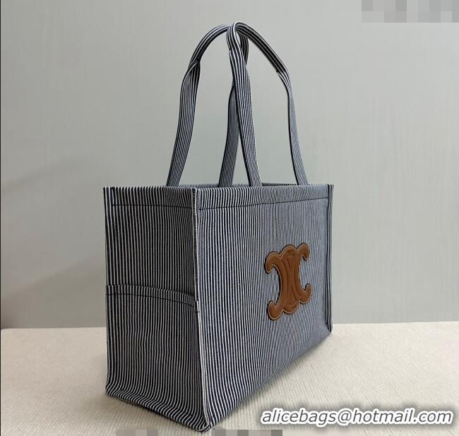 Most Popular Celine Large Cabas Thais Tote Bag in Striped Textile 196762 Navy Blue 2024