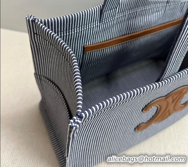 Most Popular Celine Large Cabas Thais Tote Bag in Striped Textile 196762 Navy Blue 2024