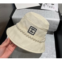 Good Product Chanel Cotton Linen Bucket Hat with Pearls 7140 Light Beige 2025