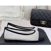 Hot Style Chanel Grosgrain & Fishnet Mesh Ballet Flats with Strass White 2025 CH041506