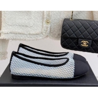 Pretty Style Chanel Grosgrain & Fishnet Mesh Ballet Flats with Strass Blue 2025 CH041506