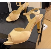 Luxury Chanel Satin High Heel Sandals with Strass Buckle 8.5cm G46167 Beige