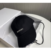 Shop Duplicate Jacquemus Canvas Baseball Hat with Fringe and Strap J3001 Black 2024