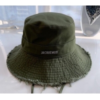 Best Price Jacquemus Canvas Bucket Hat with Fringe and Strap J3003 Green 2024