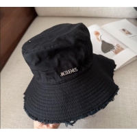 Top Grade Jacquemus Canvas Bucket Hat with Fringe and Strap J3003 Black 2025