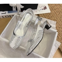 Best Grade Chanel Fishnet & Calfskin Heel Slingback Pumps Silver 2025 CH041510