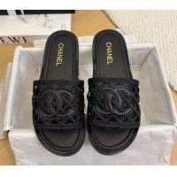 Fashion Chanel Calfskin Braided Mesh Flat Slides Sandal Black 2025 CH041511
