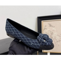 Pretty Style Chanel Quilted Denim Ballet Flats with Camellia Bloom Charm Dark Blue 2025 CH101716
