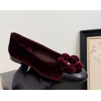 Best Price Chanel Velvet Ballet Flats with Camellia Bloom Charm Burgundy 2025 CH101716 