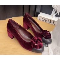 Top Grade Chanel Velvet Pumps with Camellia Bloom Charm Burgundy 2025 CH101716