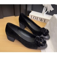 Best Grade Chanel Velvet Pumps with Camellia Bloom Charm Black 2025 CH101716