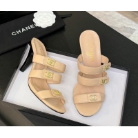 Best Product Chanel Lambskin Heel Sandals 8cm with CC Straps Beige 2025 CH041603