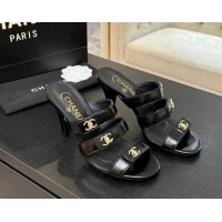 Big Discount Chanel Patent Calfskin Heel Sandals 8cm with CC Straps Black 2025 CH041603