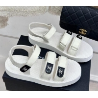 Shop Duplicate Chanel Calfskin Flat Sandals with Buckle Straps White 2025 CH041602