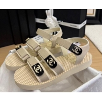 Durable Chanel Calfskin Flat Sandals with Buckle Straps Beige 2025 CH041602