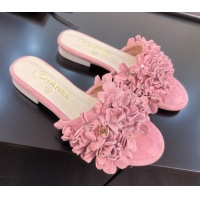 Perfect Chanel Suede & Strass Flat Slides Sandal with Bloom G46231 Light Pink