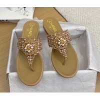 Shop Cheap Chanel Tweed Flat Slide Sandals with Circle Charm Apricot 2025 CH041603