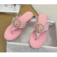Best Grade Chanel Tweed Flat Slide Sandals with Circle Charm Light Pink 2025 CH041603