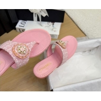 Best Grade Chanel Tweed Flat Slide Sandals with Circle Charm Light Pink 2025 CH041603