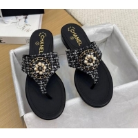 Low Cost Chanel Tweed Flat Slide Sandals with Circle Charm Black 2025 CH041603