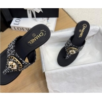 Low Cost Chanel Tweed Flat Slide Sandals with Circle Charm Black 2025 CH041603