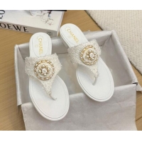 Pretty Style Chanel Tweed Flat Slide Sandals with Circle Charm White 2025 CH041603 