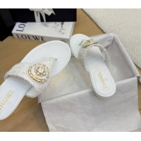 Pretty Style Chanel Tweed Flat Slide Sandals with Circle Charm White 2025 CH041603 