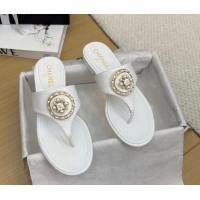 Good Product Chanel Calfskin Flat Slide Sandals with Circle Charm White 2025 CH041603