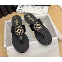 Popular Style Chanel Calfskin Flat Slide Sandals with Circle Charm Black 2025 CH041603