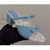 Top Grade Chanel Patent Calfskin Heel Slides Sandal with Bow Light Blue 2025 CH041604