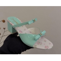 Luxury Cheap Chanel Patent Calfskin Heel Slides Sandal with Bow Light Green 2025 CH041604