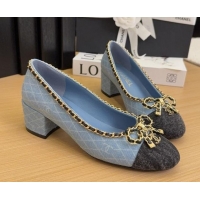 Good Looking Chanel Quilted Denim Pumps with Chain Bow Light Blue 2025 CH041605