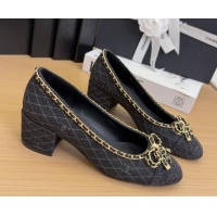 Luxurious Chanel Quilted Denim Pumps with Chain Bow Black 2025 CH041605