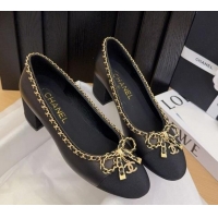 Durable Chanel Calfskin Pumps with Chain Bow Black 2025 CH041605