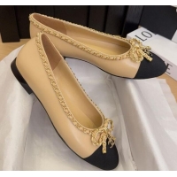 Shop Duplicate Chanel Calfskin Ballet Flats with Chain Bow Beige 2025 CH041605